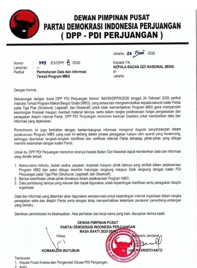 Surat Berkop DPP PDIP terkait MBG beredar luas